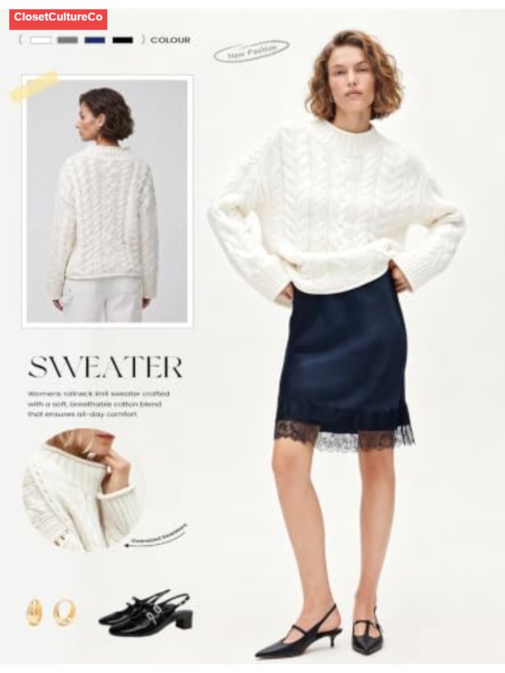 Women's Oversized Cable Knit Rollneck Pullover Sweater Cotton Blend - Picture 3 of 5